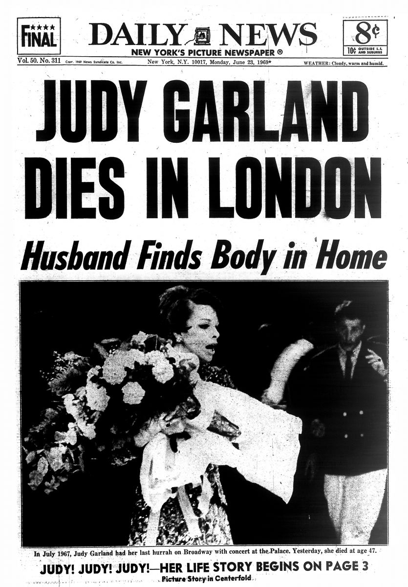 New York, Daily News címlap 1969. június 23. Judy Garland Óz tragédia színésznő Amerika 100 éve született Liza Minnelli Dorothy Oscar díj halál elhunyt 1969