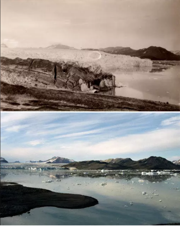 A Spitzbergákon található Blomstrandbreen-gleccser 1928 óta nagyjából 2 kilométert húzódott vissza – állítja a svéd fotós. 