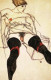Egon Schiele-Nő fekete harisnyával. A férfit többször letartoztatták azért, amiért így ábrázolta a nőket